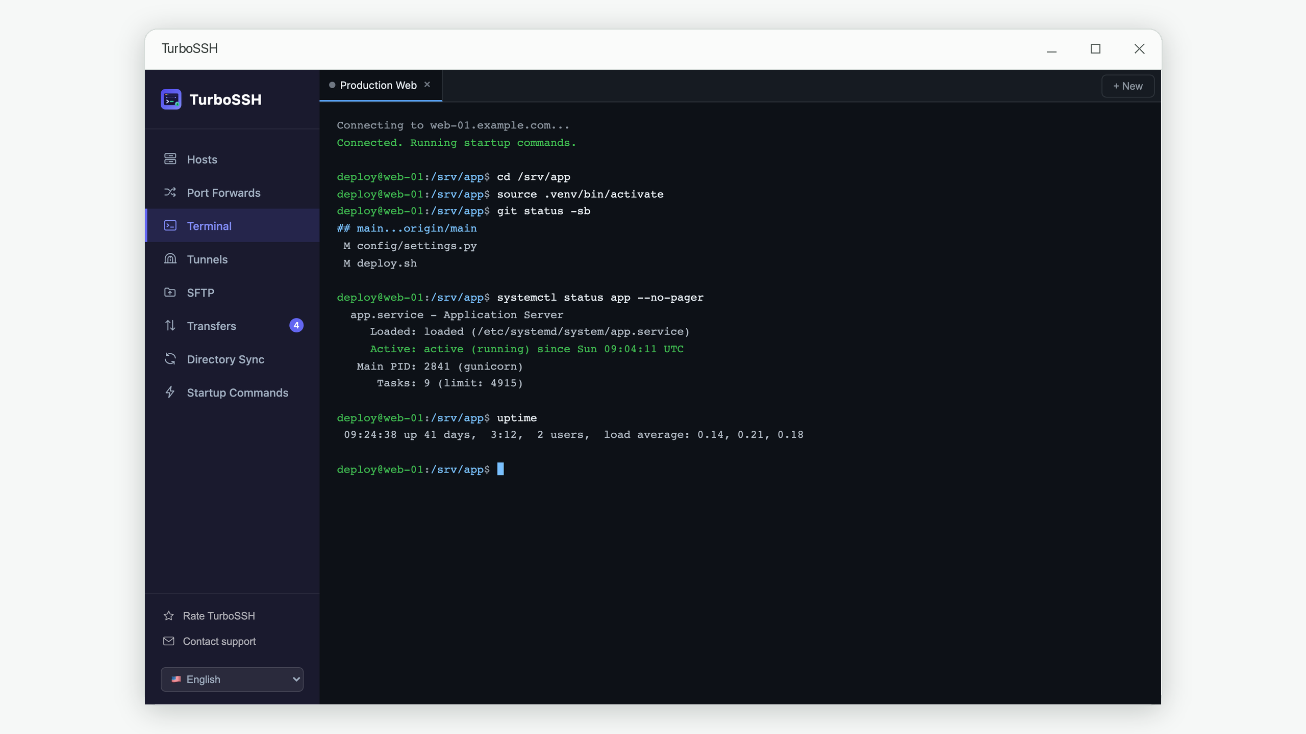 TurboSSH multi-tab terminal with an active SSH session running commands on a remote server