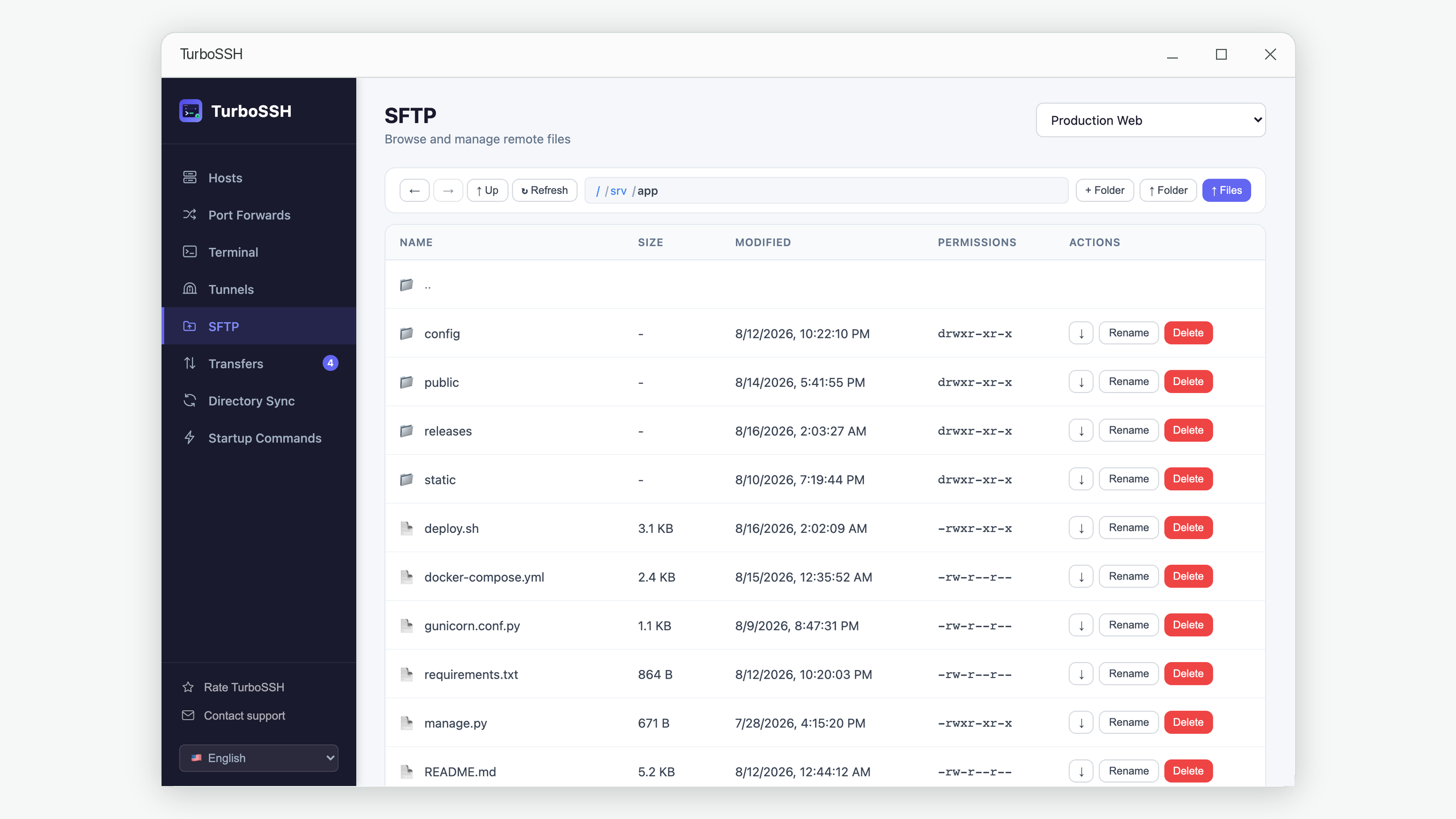 TurboSSH SFTP file browser listing remote files with size, modified date and permissions, plus upload and download controls