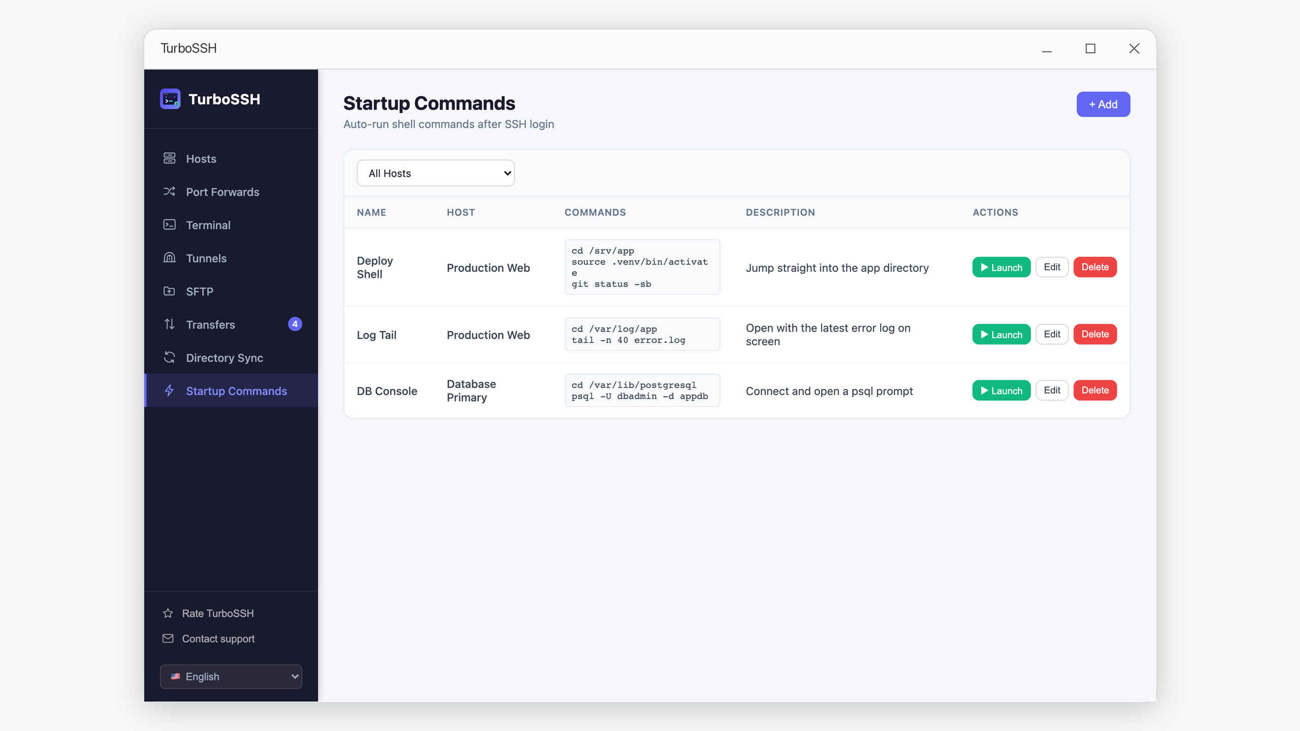 TurboSSH startup commands screen showing named command sets assigned to hosts, each listing the shell commands that run automatically after login