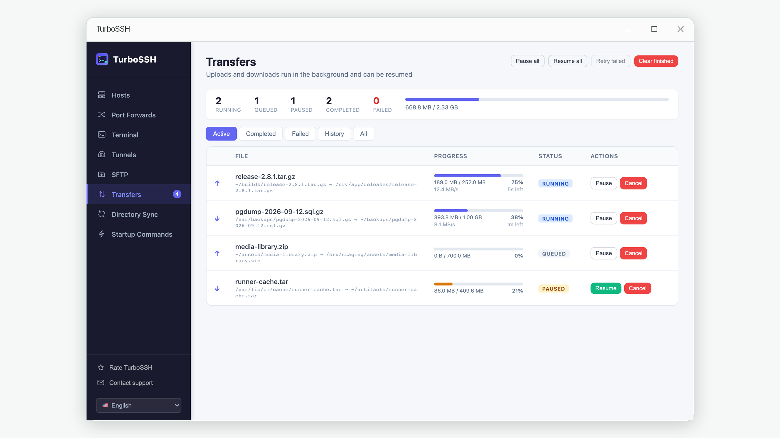 TurboSSH background transfer queue showing uploads and downloads in progress with per-file progress bars, transfer speed, time remaining and pause, resume and cancel controls