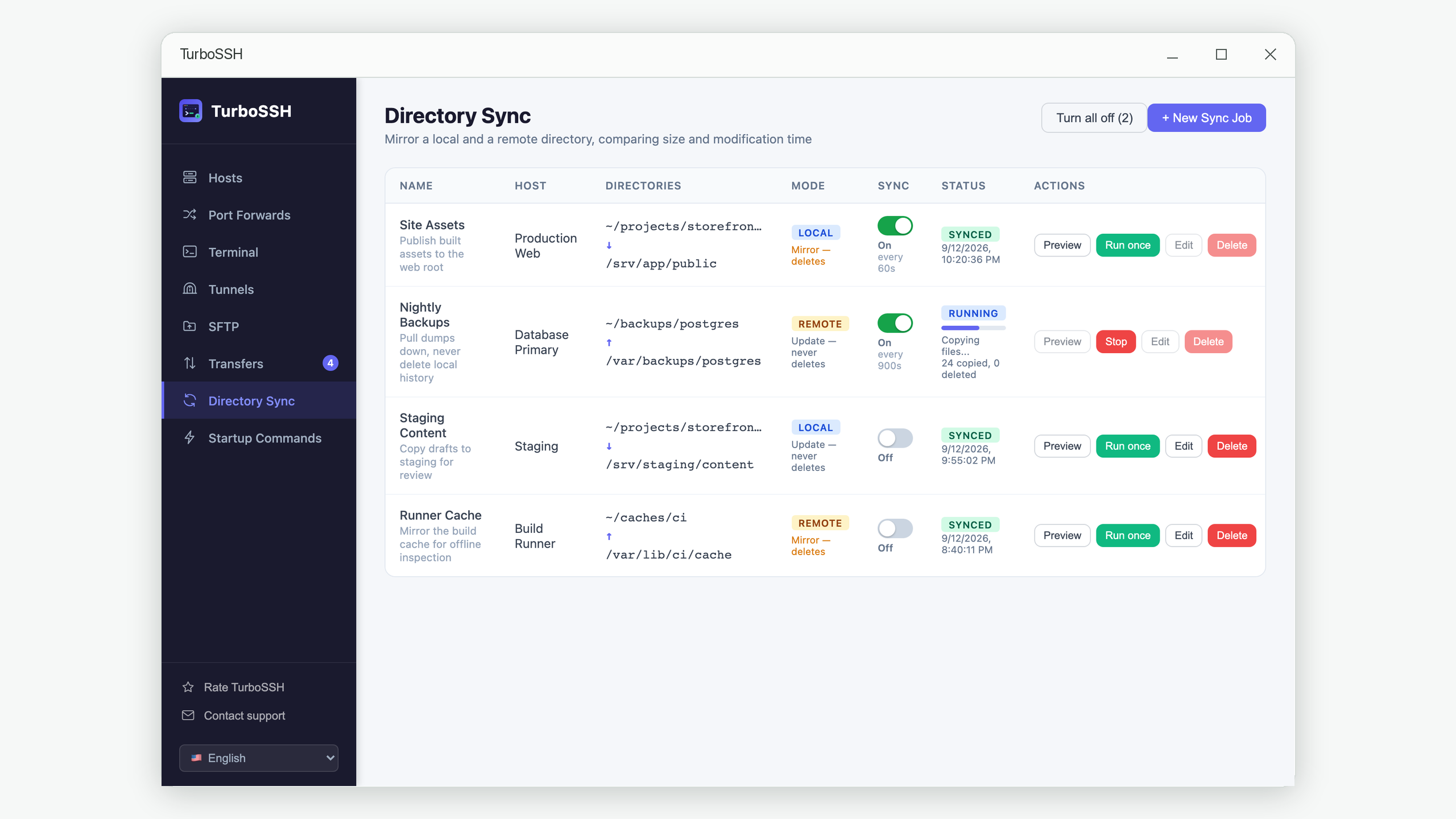 TurboSSH directory sync jobs listing local and remote folder pairs with their sync mode, on-off switch and last run status